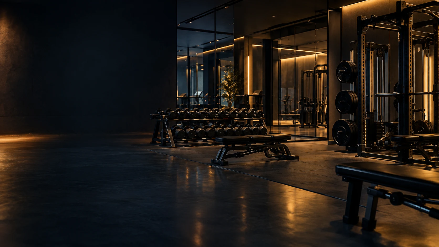 An orderly fitness studio, ready for the next session