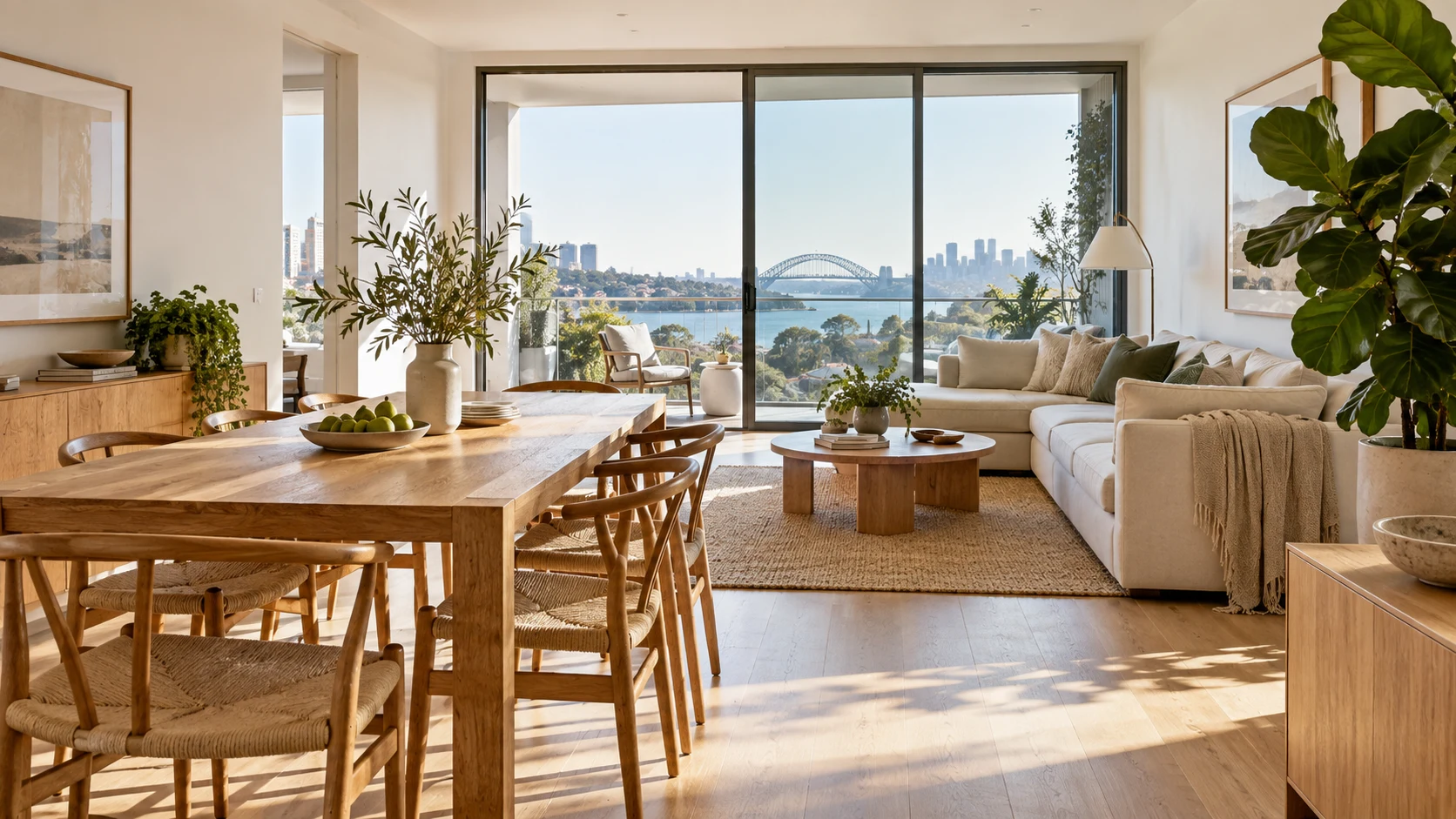A light-filled living room with natural wood and greenery